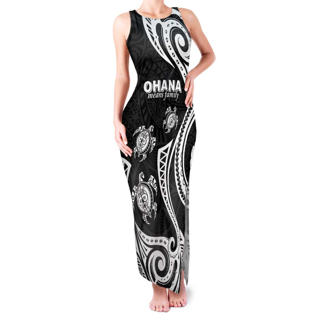 Hawaii Ohana Means Family Family Matching Tank Maxi Dress and Hawaiian Shirt Sea Turtle Polynesian Style LT05 Mom's Dress Black - Polynesian Pride