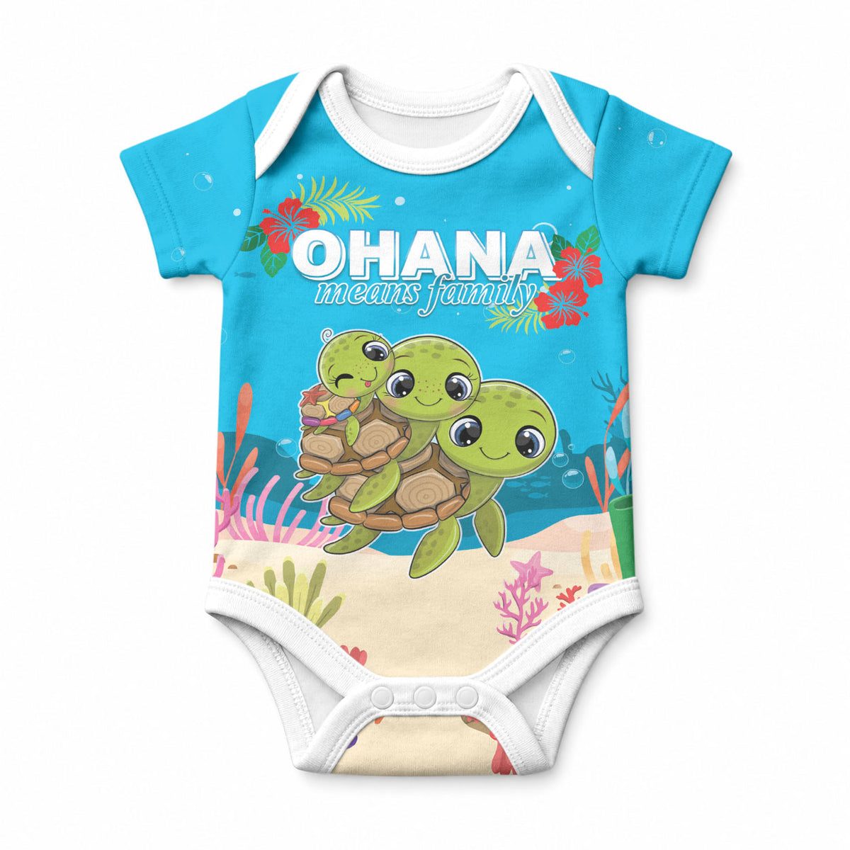 Ohana Hawaii Baby Onesie Kawaii Family Turtle LT05 Blue - Polynesian Pride