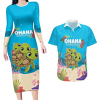 Ohana Hawaii Couples Matching Long Sleeve Bodycon Dress and Hawaiian Shirt Kawaii Family Turtle LT05 Blue - Polynesian Pride