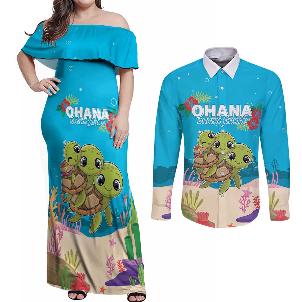 Ohana Hawaii Couples Matching Off Shoulder Maxi Dress and Long Sleeve Button Shirt Kawaii Family Turtle LT05 Blue - Polynesian Pride