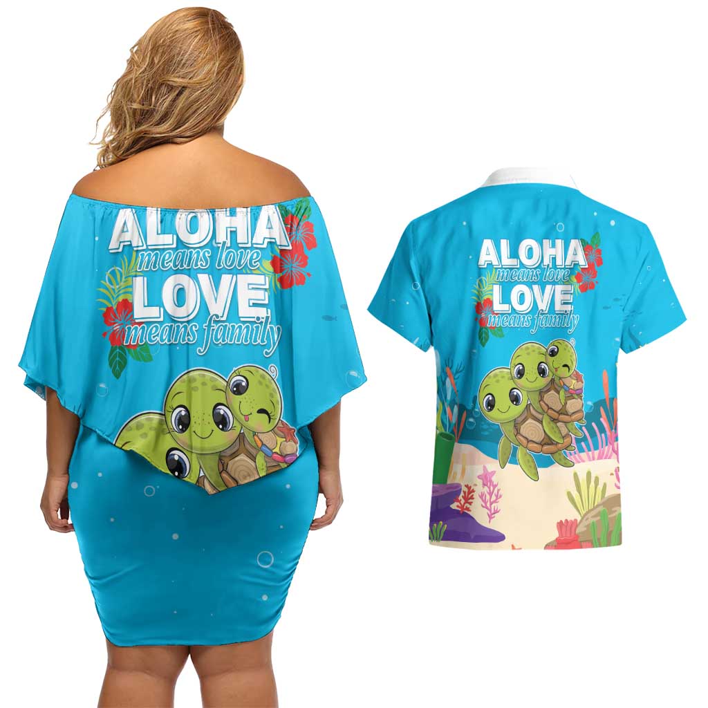 Ohana Hawaii Couples Matching Off Shoulder Short Dress and Hawaiian Shirt Kawaii Family Turtle LT05 - Polynesian Pride