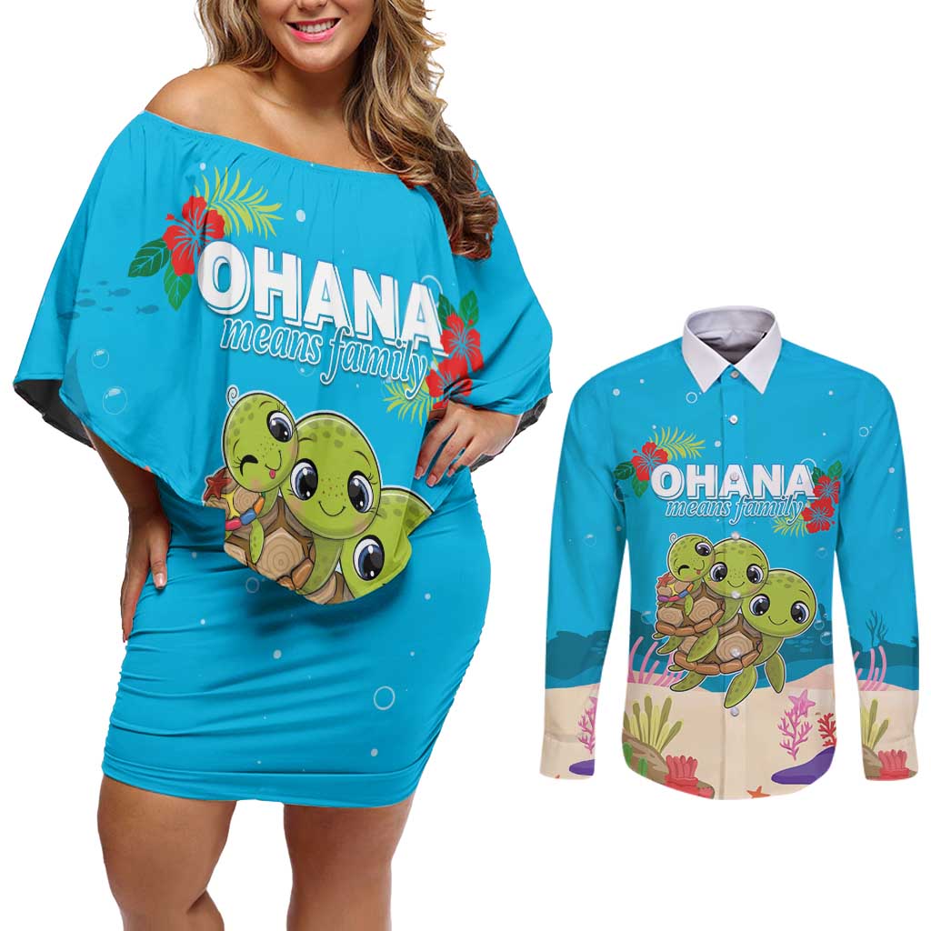 Ohana Hawaii Couples Matching Off Shoulder Short Dress and Long Sleeve Button Shirt Kawaii Family Turtle LT05 Blue - Polynesian Pride