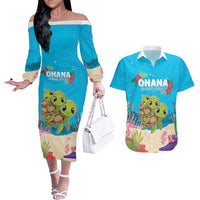 Ohana Hawaii Couples Matching Off The Shoulder Long Sleeve Dress and Hawaiian Shirt Kawaii Family Turtle LT05 Blue - Polynesian Pride