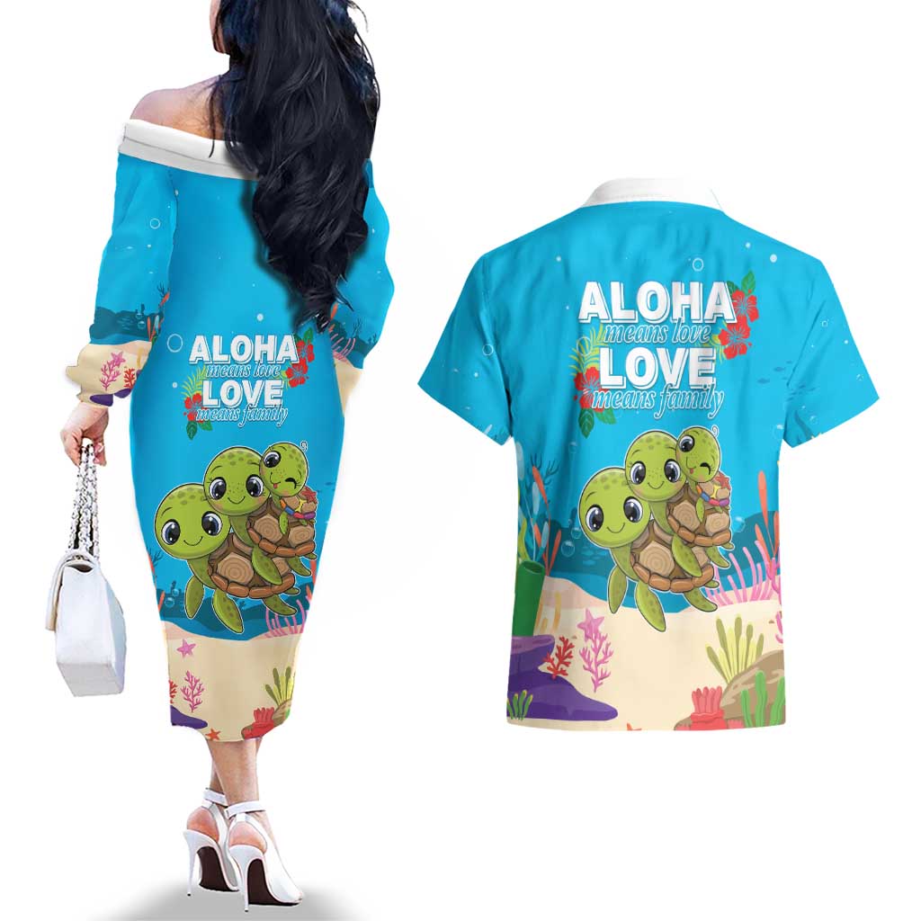 Ohana Hawaii Couples Matching Off The Shoulder Long Sleeve Dress and Hawaiian Shirt Kawaii Family Turtle LT05 - Polynesian Pride