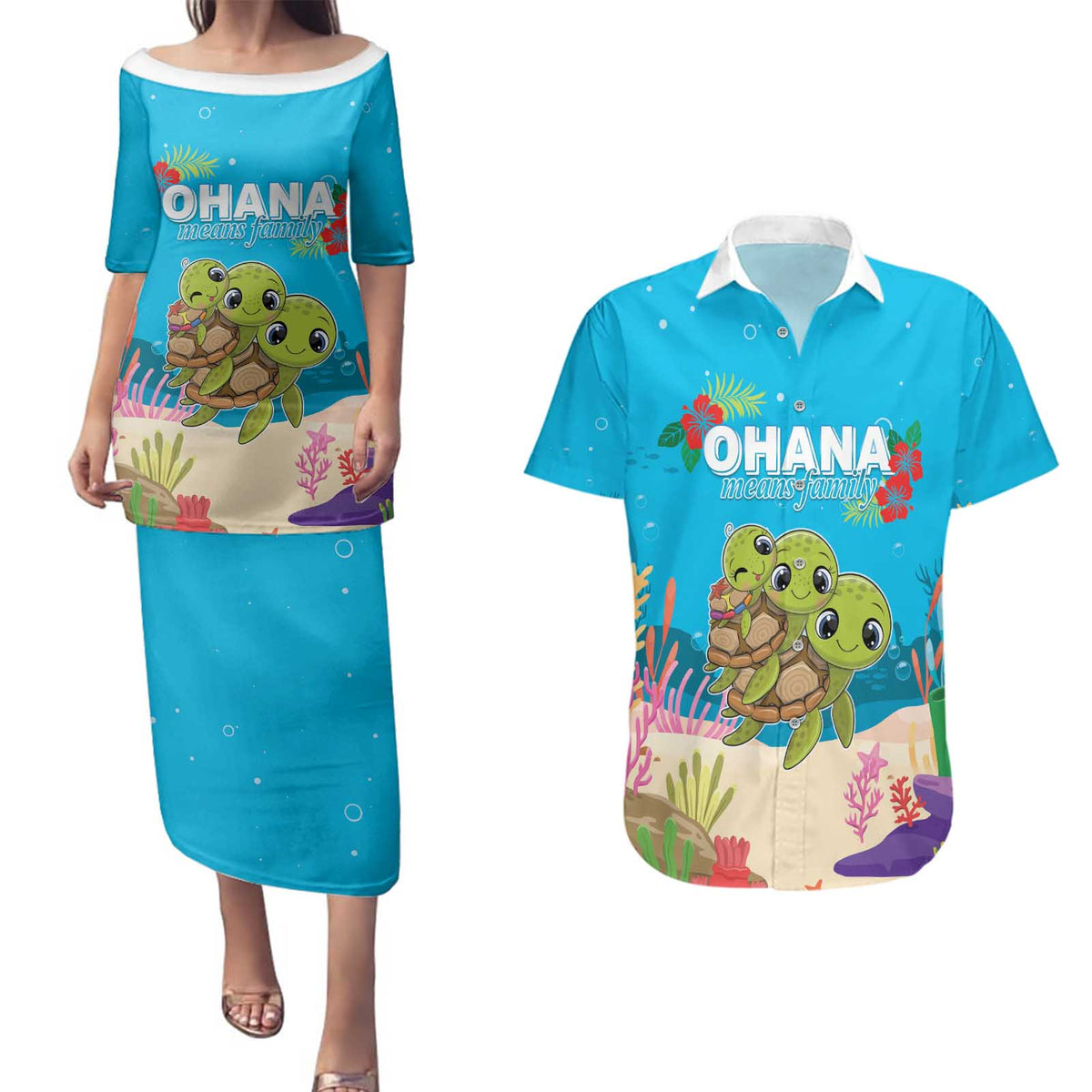 Ohana Hawaii Couples Matching Puletasi and Hawaiian Shirt Kawaii Family Turtle