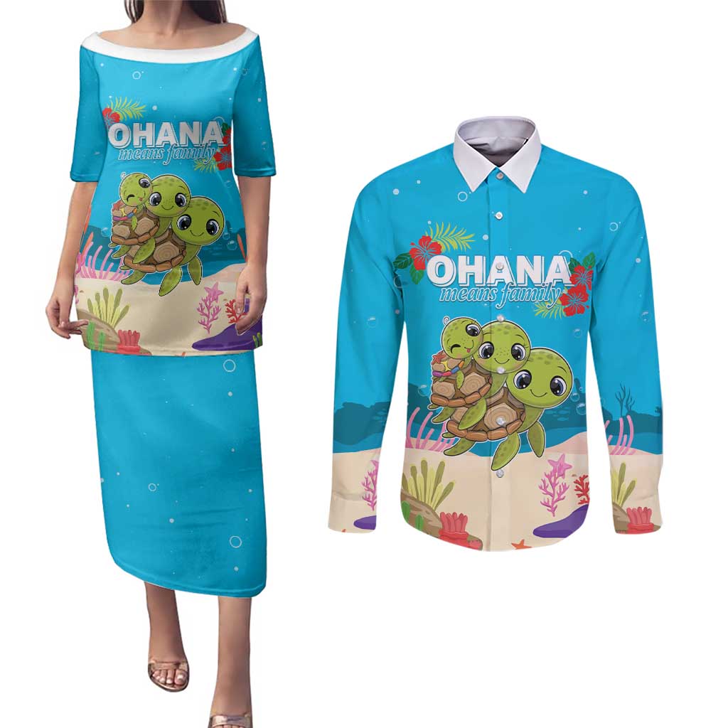 Ohana Hawaii Couples Matching Puletasi and Long Sleeve Button Shirt Kawaii Family Turtle LT05 Blue - Polynesian Pride
