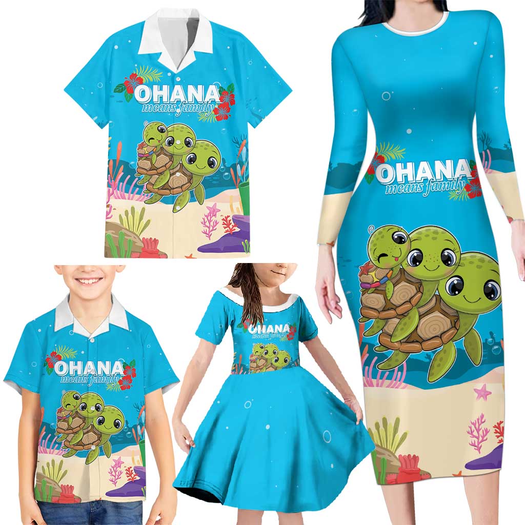 Ohana Hawaii Family Matching Long Sleeve Bodycon Dress and Hawaiian Shirt Kawaii Family Turtle LT05 - Polynesian Pride