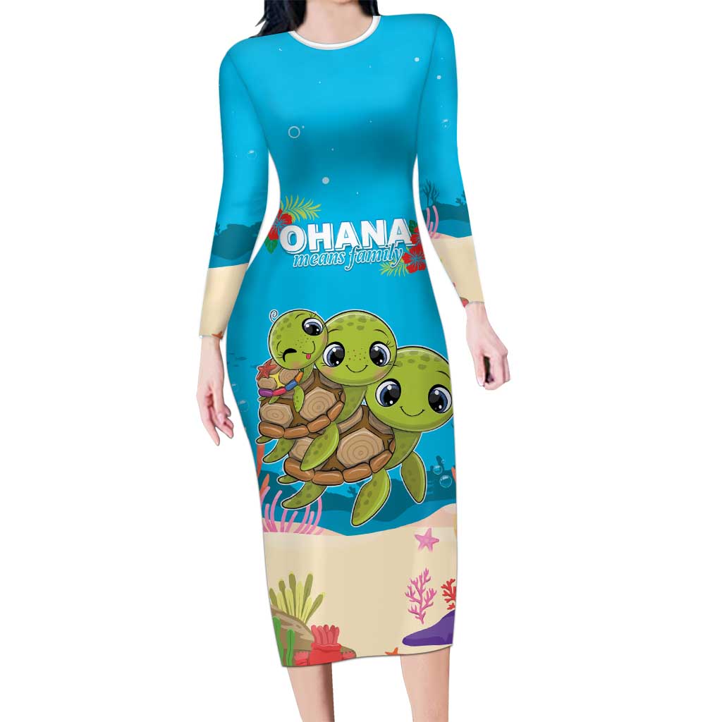 Ohana Hawaii Family Matching Long Sleeve Bodycon Dress and Hawaiian Shirt Kawaii Family Turtle LT05 Mom's Dress Blue - Polynesian Pride