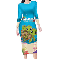 Ohana Hawaii Family Matching Long Sleeve Bodycon Dress and Hawaiian Shirt Kawaii Family Turtle LT05 Mom's Dress Blue - Polynesian Pride