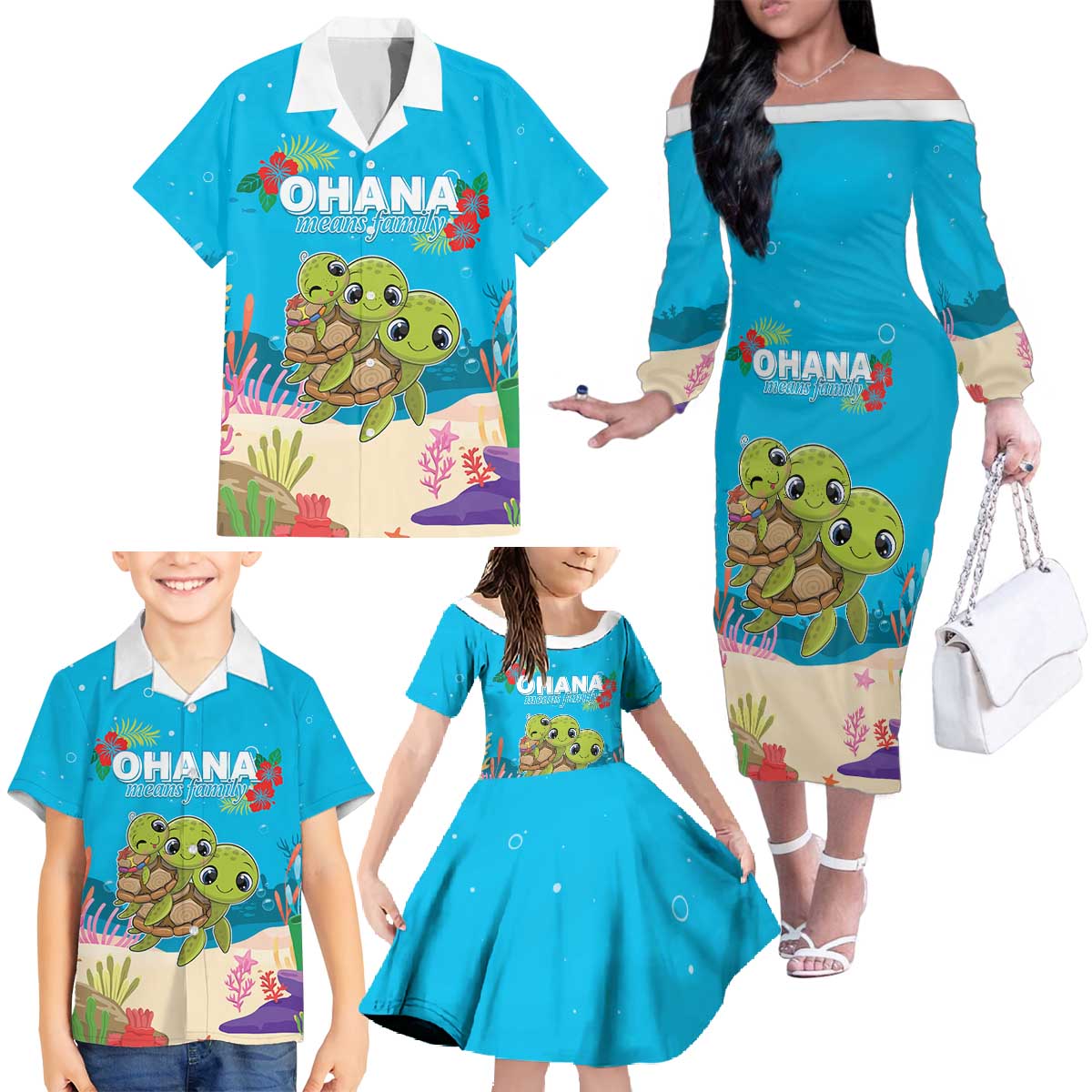 Ohana Hawaii Family Matching Off The Shoulder Long Sleeve Dress and Hawaiian Shirt Kawaii Family Turtle LT05 - Polynesian Pride