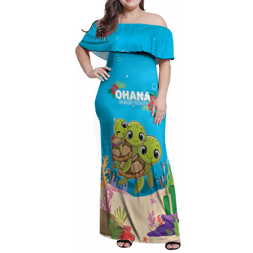 Ohana Hawaii Family Matching Off Shoulder Maxi Dress and Hawaiian Shirt Kawaii Family Turtle LT05 Mom's Dress Blue - Polynesian Pride