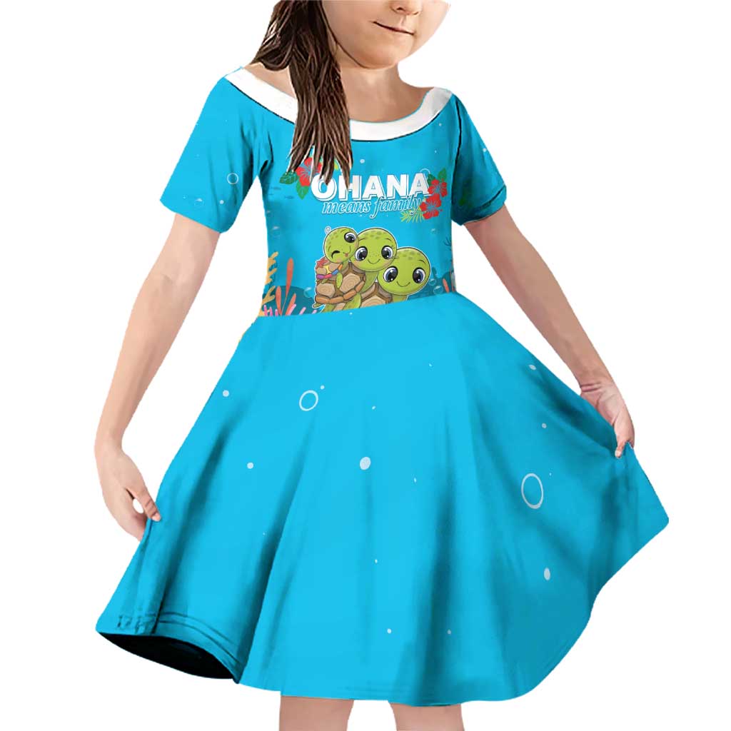 Ohana Hawaii Family Matching Off Shoulder Short Dress and Hawaiian Shirt Kawaii Family Turtle LT05 Daughter's Dress Blue - Polynesian Pride