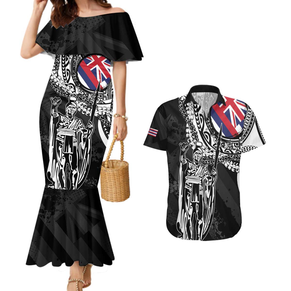 Hawaii King Flag Couples Matching Mermaid Dress and Hawaiian Shirt Hawaiian Maile Lei - Polynesian Pride