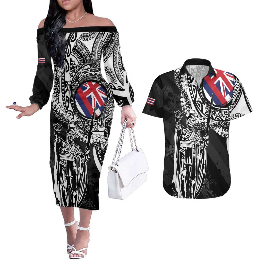 Hawaii King Flag Couples Matching Off The Shoulder Long Sleeve Dress and Hawaiian Shirt Hawaiian Maile Lei - Polynesian Pride