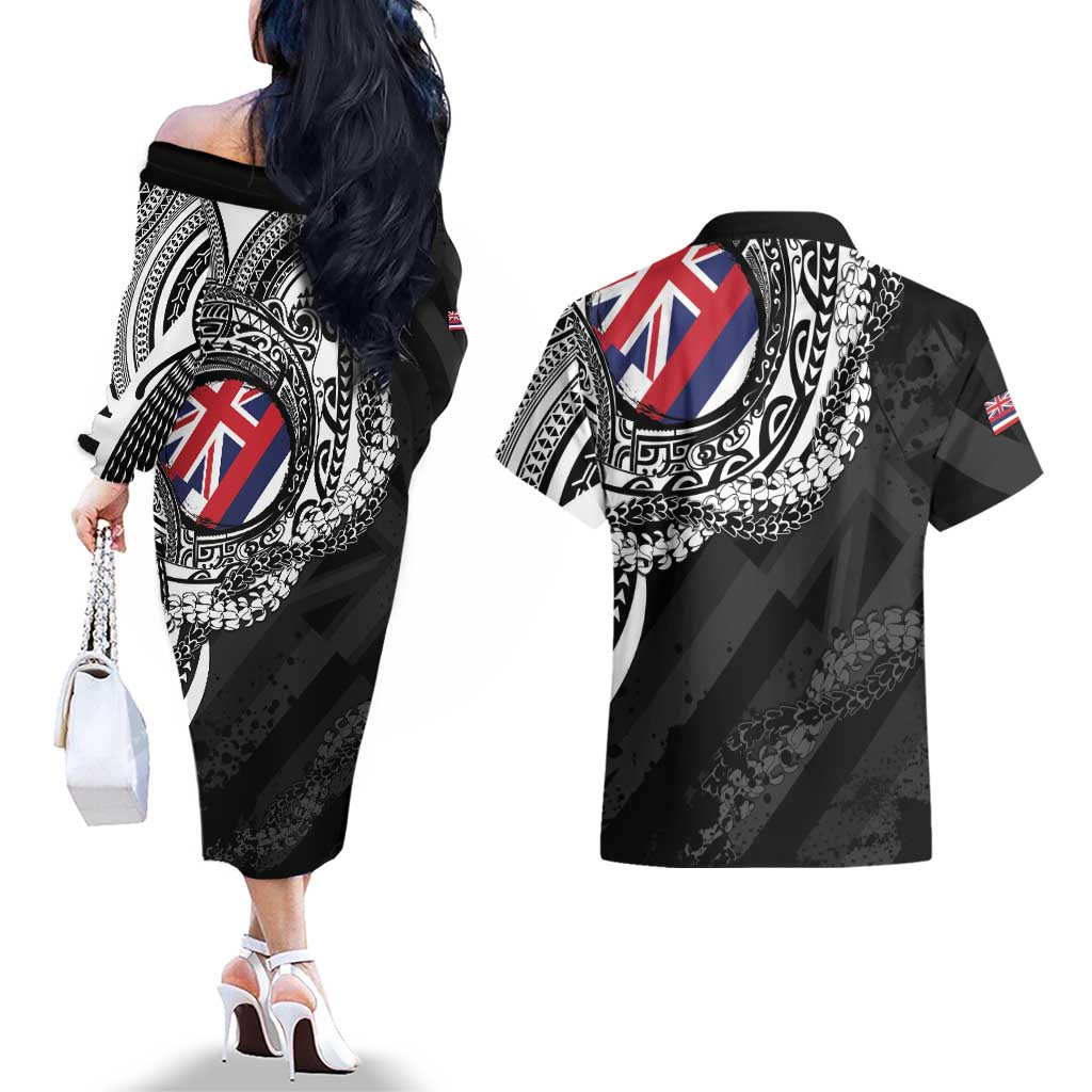 Hawaii King Flag Couples Matching Off The Shoulder Long Sleeve Dress and Hawaiian Shirt Hawaiian Maile Lei - Polynesian Pride