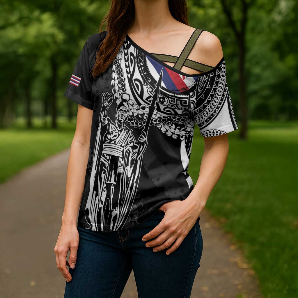 Hawaii King Flag Cross Shoulder Shirt Hawaiian Maile Lei - Polynesian Pride
