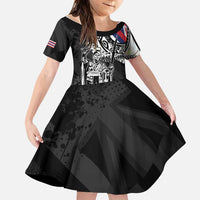 Hawaii King Flag Family Matching Off The Shoulder Long Sleeve Dress and Hawaiian Shirt Hawaiian Maile Lei LT05 Daughter's Dress Black - Polynesian Pride