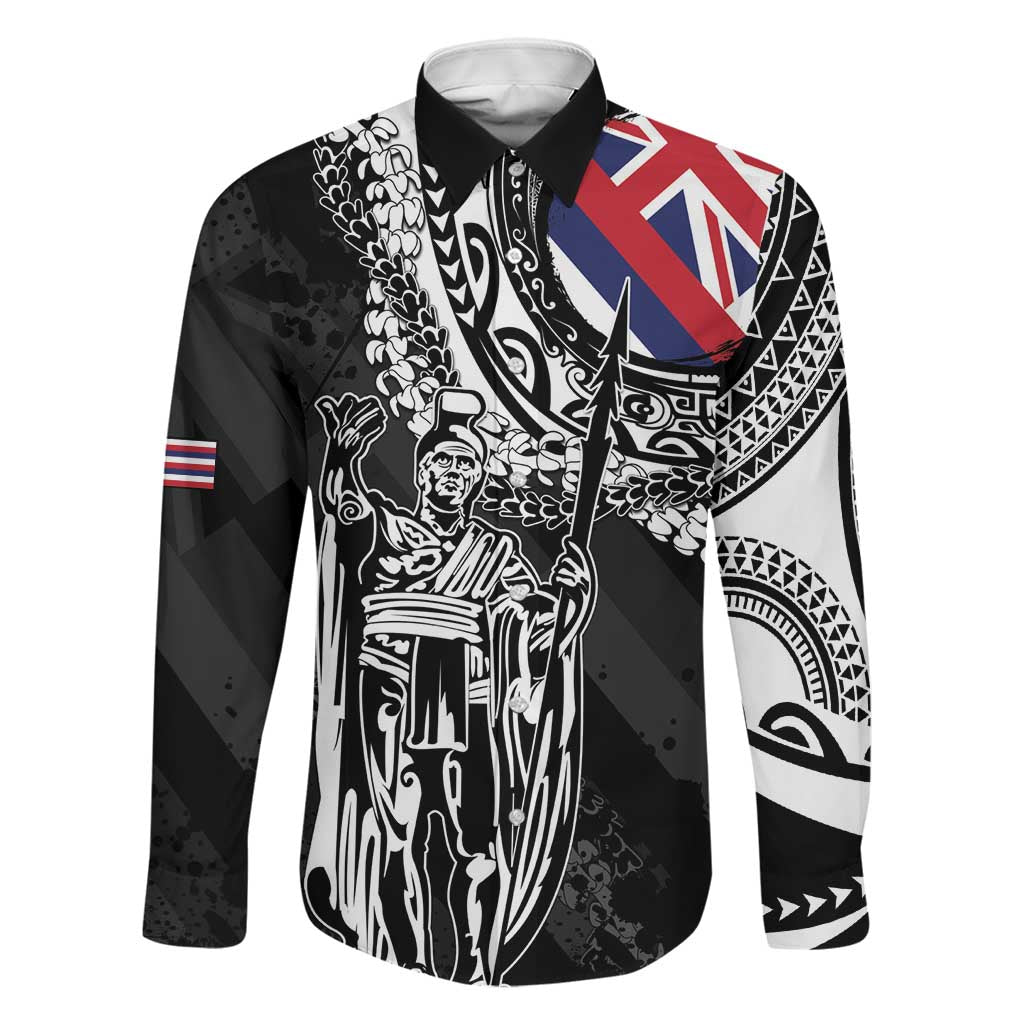 Hawaii King Flag Family Matching Short Sleeve Bodycon Dress and Hawaiian Shirt Hawaiian Maile Lei LT05 Dad's Shirt - Long Sleeve Black - Polynesian Pride
