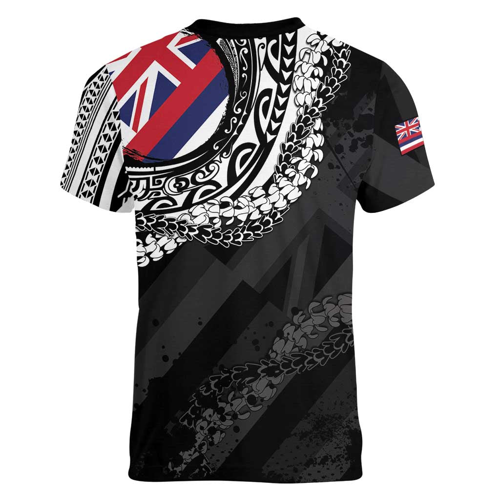 Hawaii King Flag Women V-Neck T-Shirt Hawaiian Maile Lei - Polynesian Pride