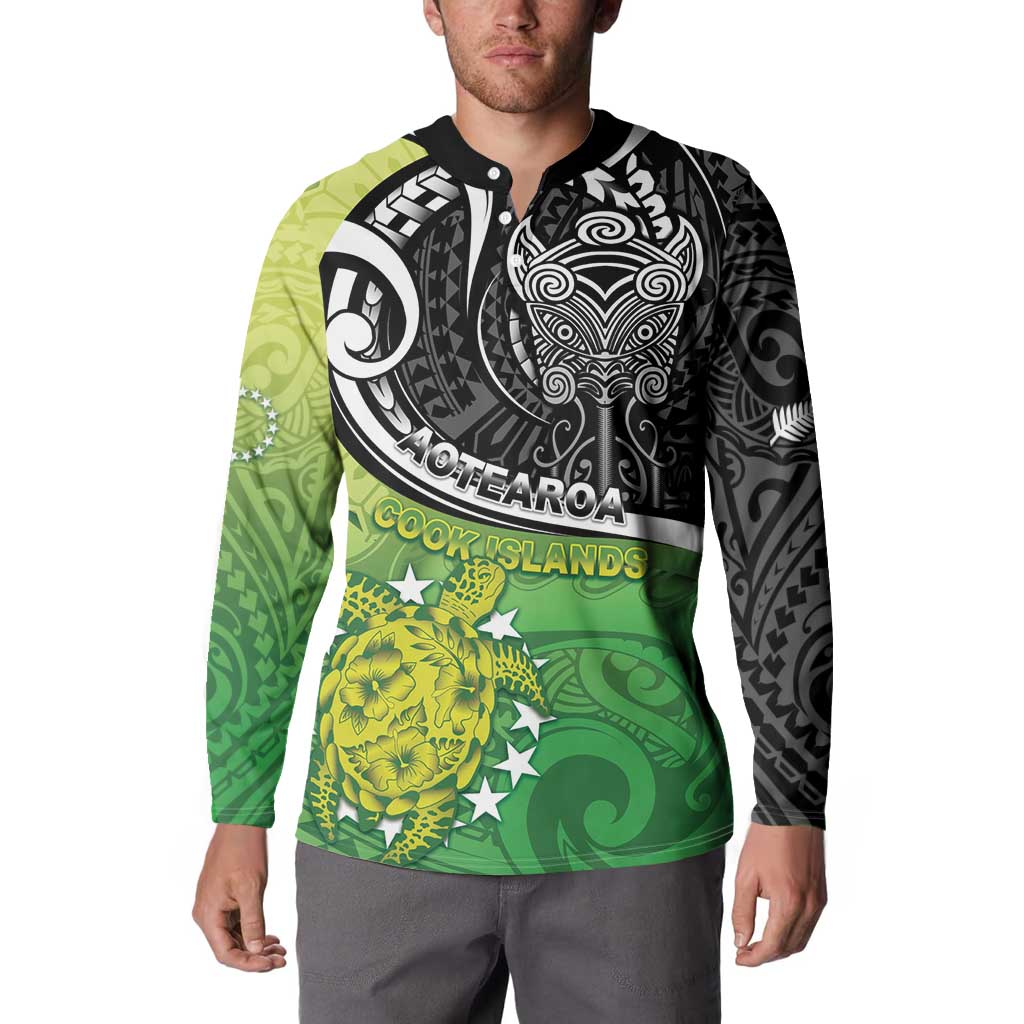 Custom New Zealand Cook Islands Button Sweatshirt Maori Tiki With Circle Stars Turtle - Polynesian Pride