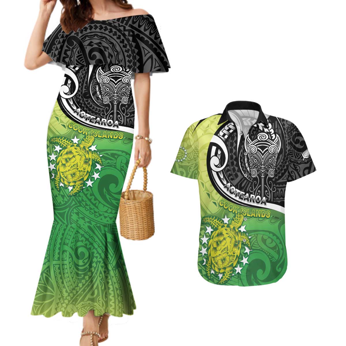 Personalised New Zealand Cook Islands Couples Matching Mermaid Dress and Hawaiian Shirt Maori Tiki With Circle Stars Turtle LT05 Multicolor - Polynesian Pride