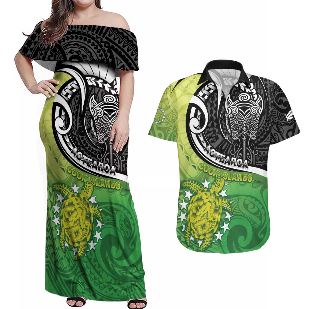 Personalised New Zealand Cook Islands Couples Matching Off Shoulder Maxi Dress and Hawaiian Shirt Maori Tiki With Circle Stars Turtle LT05 Multicolor - Polynesian Pride
