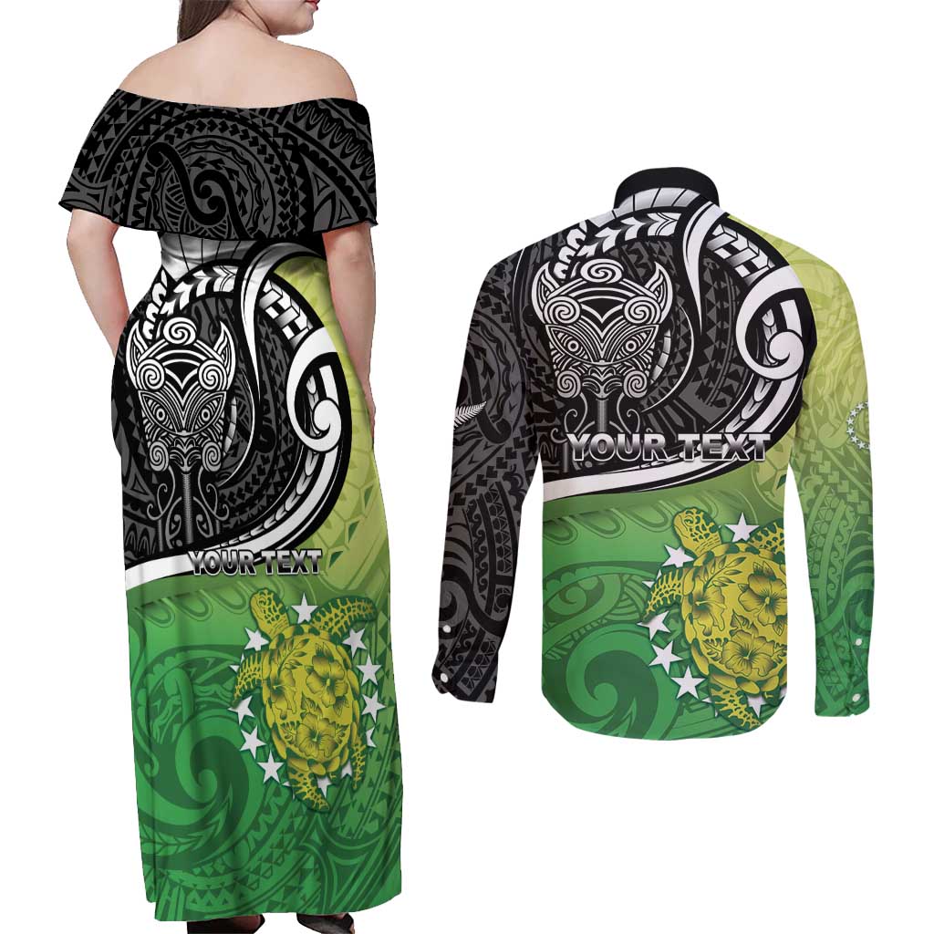 Personalised New Zealand Cook Islands Couples Matching Off Shoulder Maxi Dress and Long Sleeve Button Shirt Maori Tiki With Circle Stars Turtle LT05 - Polynesian Pride