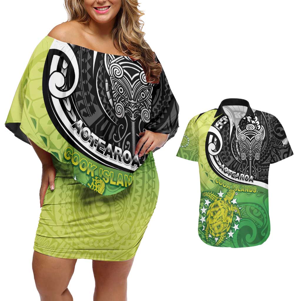 Personalised New Zealand Cook Islands Couples Matching Off Shoulder Short Dress and Hawaiian Shirt Maori Tiki With Circle Stars Turtle LT05 Multicolor - Polynesian Pride