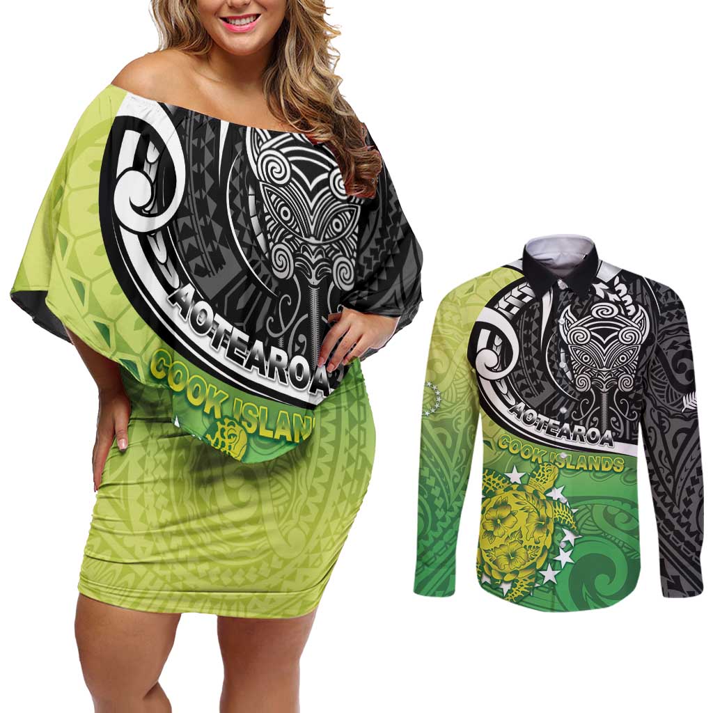 Personalised New Zealand Cook Islands Couples Matching Off Shoulder Short Dress and Long Sleeve Button Shirt Maori Tiki With Circle Stars Turtle LT05 Multicolor - Polynesian Pride
