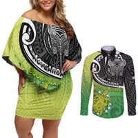 Personalised New Zealand Cook Islands Couples Matching Off Shoulder Short Dress and Long Sleeve Button Shirt Maori Tiki With Circle Stars Turtle LT05 Multicolor - Polynesian Pride