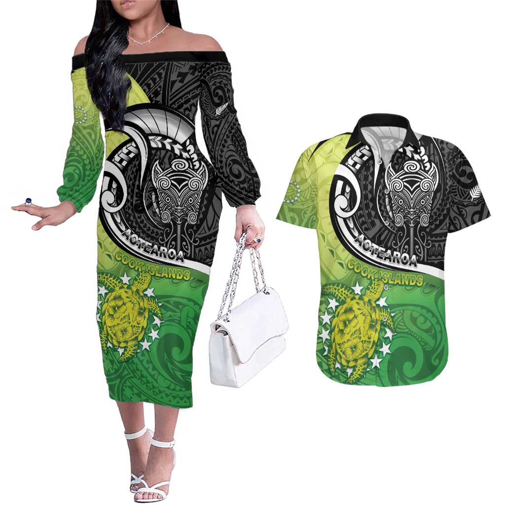 Custom New Zealand Cook Islands Couples Matching Off The Shoulder Long Sleeve Dress and Hawaiian Shirt Maori Tiki With Circle Stars Turtle - Polynesian Pride