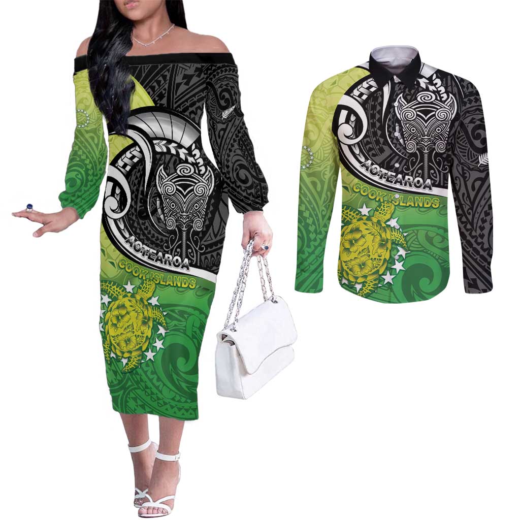 Personalised New Zealand Cook Islands Couples Matching Off The Shoulder Long Sleeve Dress and Long Sleeve Button Shirt Maori Tiki With Circle Stars Turtle LT05 Multicolor - Polynesian Pride