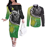 Personalised New Zealand Cook Islands Couples Matching Off The Shoulder Long Sleeve Dress and Long Sleeve Button Shirt Maori Tiki With Circle Stars Turtle LT05 Multicolor - Polynesian Pride