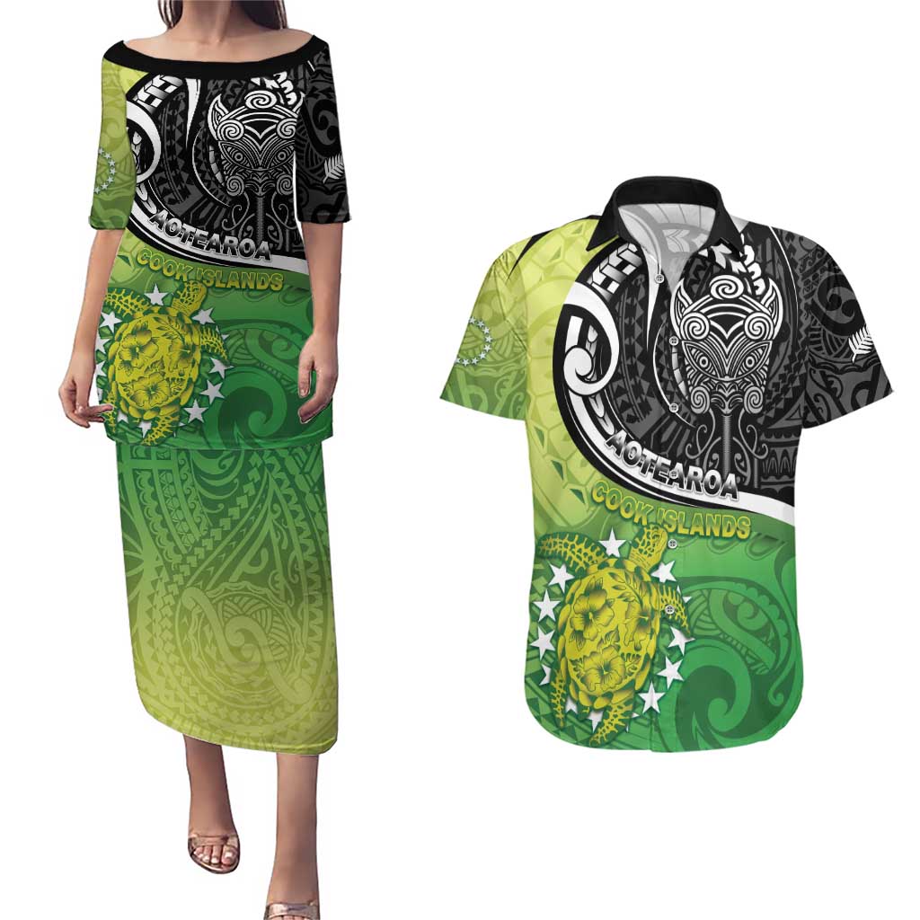 Personalised New Zealand Cook Islands Couples Matching Puletasi and Hawaiian Shirt Maori Tiki With Circle Stars Turtle LT05 Multicolor - Polynesian Pride