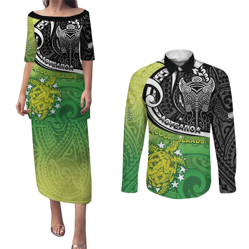 Custom New Zealand Cook Islands Couples Matching Puletasi and Long Sleeve Button Shirt Maori Tiki With Circle Stars Turtle - Polynesian Pride