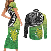Personalised New Zealand Cook Islands Couples Matching Short Sleeve Bodycon Dress and Long Sleeve Button Shirt Maori Tiki With Circle Stars Turtle LT05 - Polynesian Pride