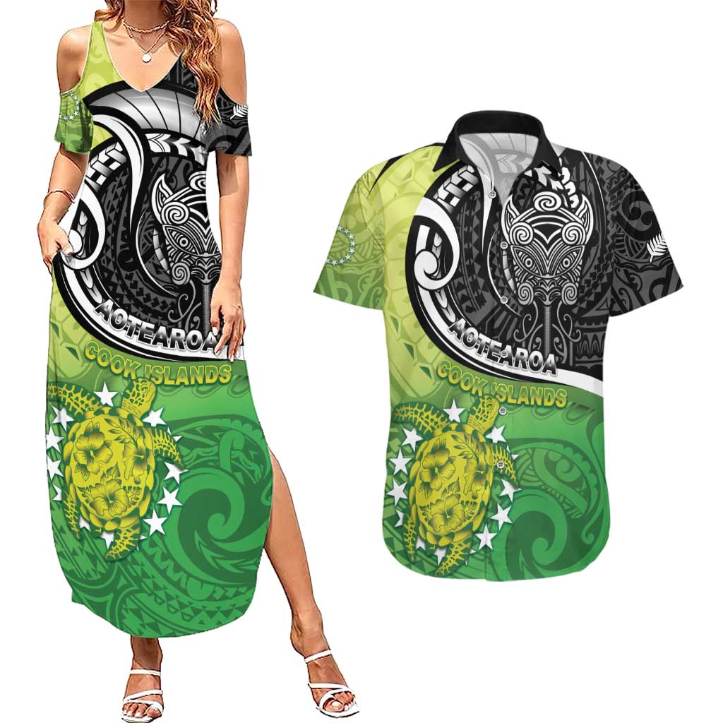 Personalised New Zealand Cook Islands Couples Matching Summer Maxi Dress and Hawaiian Shirt Maori Tiki With Circle Stars Turtle LT05 Multicolor - Polynesian Pride