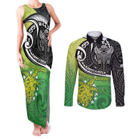 Personalised New Zealand Cook Islands Couples Matching Tank Maxi Dress and Long Sleeve Button Shirt Maori Tiki With Circle Stars Turtle LT05 Multicolor - Polynesian Pride