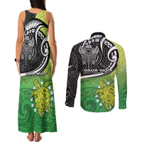 Personalised New Zealand Cook Islands Couples Matching Tank Maxi Dress and Long Sleeve Button Shirt Maori Tiki With Circle Stars Turtle LT05 - Polynesian Pride
