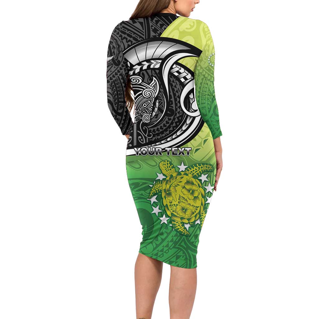 Personalised New Zealand Cook Islands Family Matching Long Sleeve Bodycon Dress and Hawaiian Shirt Maori Tiki With Circle Stars Turtle LT05 - Polynesian Pride