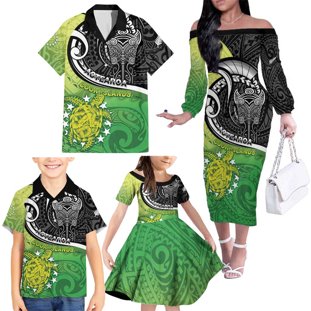 Personalised New Zealand Cook Islands Family Matching Off The Shoulder Long Sleeve Dress and Hawaiian Shirt Maori Tiki With Circle Stars Turtle LT05 - Polynesian Pride