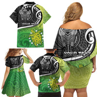 Personalised New Zealand Cook Islands Family Matching Off Shoulder Short Dress and Hawaiian Shirt Maori Tiki With Circle Stars Turtle LT05 - Polynesian Pride