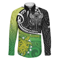 Personalised New Zealand Cook Islands Family Matching Off Shoulder Short Dress and Hawaiian Shirt Maori Tiki With Circle Stars Turtle LT05 Dad's Shirt - Long Sleeve Multicolor - Polynesian Pride