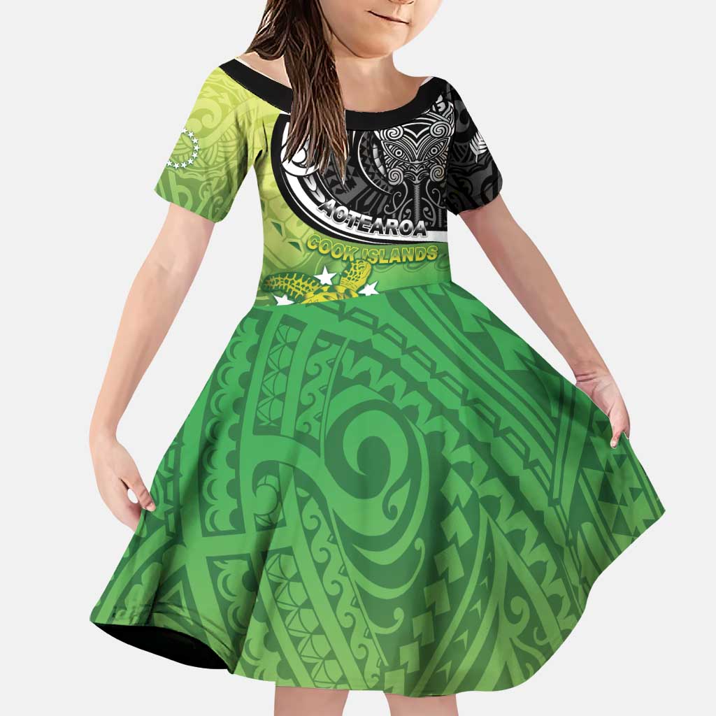 Personalised New Zealand Cook Islands Family Matching Short Sleeve Bodycon Dress and Hawaiian Shirt Maori Tiki With Circle Stars Turtle LT05 Daughter's Dress Multicolor - Polynesian Pride