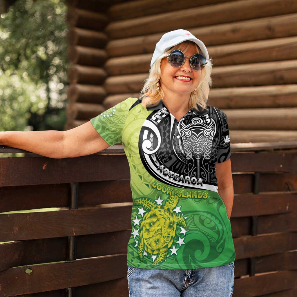 Personalised New Zealand Cook Islands Women Polo Shirt Maori Tiki With Circle Stars Turtle LT05 - Polynesian Pride