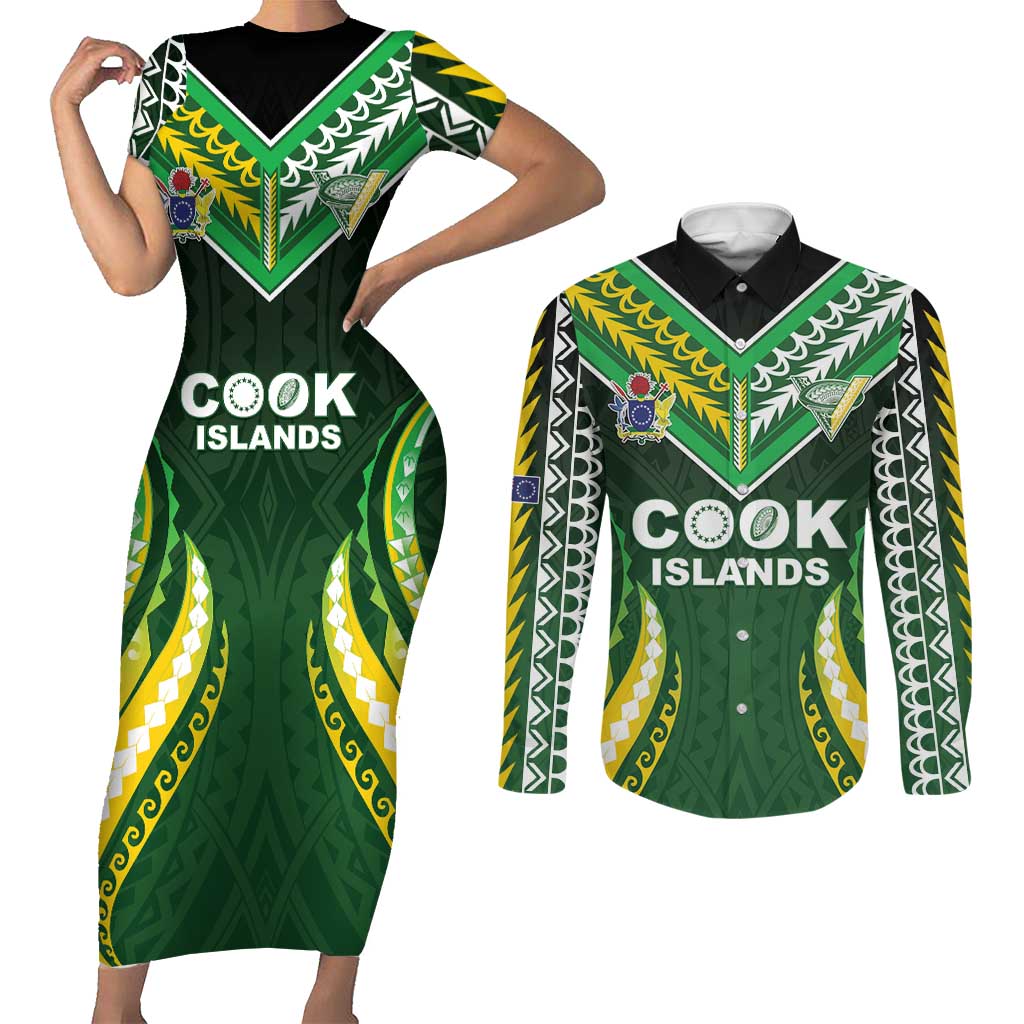 Custom Cook Islands Rugby Couples Matching Short Sleeve Bodycon Dress and Long Sleeve Button Shirt Unique Style Green Version - Polynesian Pride
