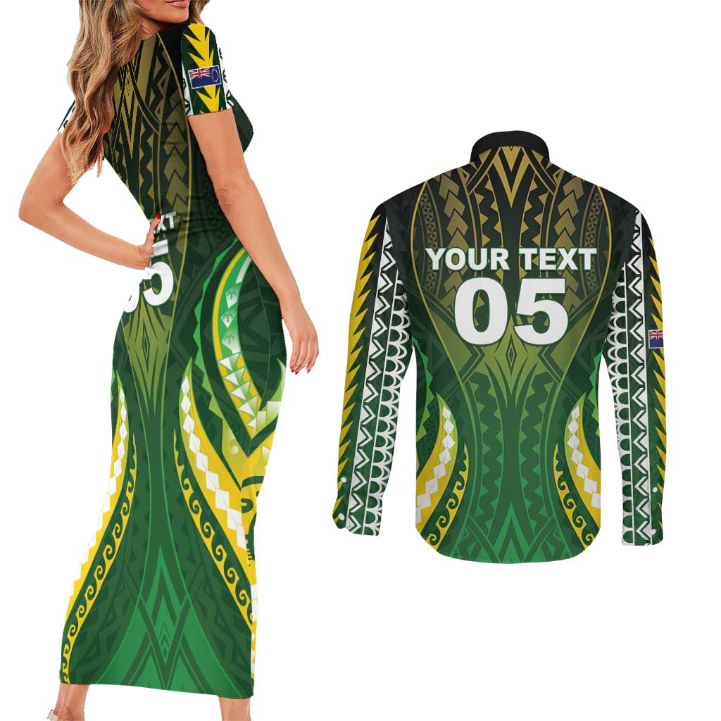 Custom Cook Islands Rugby Couples Matching Short Sleeve Bodycon Dress and Long Sleeve Button Shirt Unique Style Green Version - Polynesian Pride