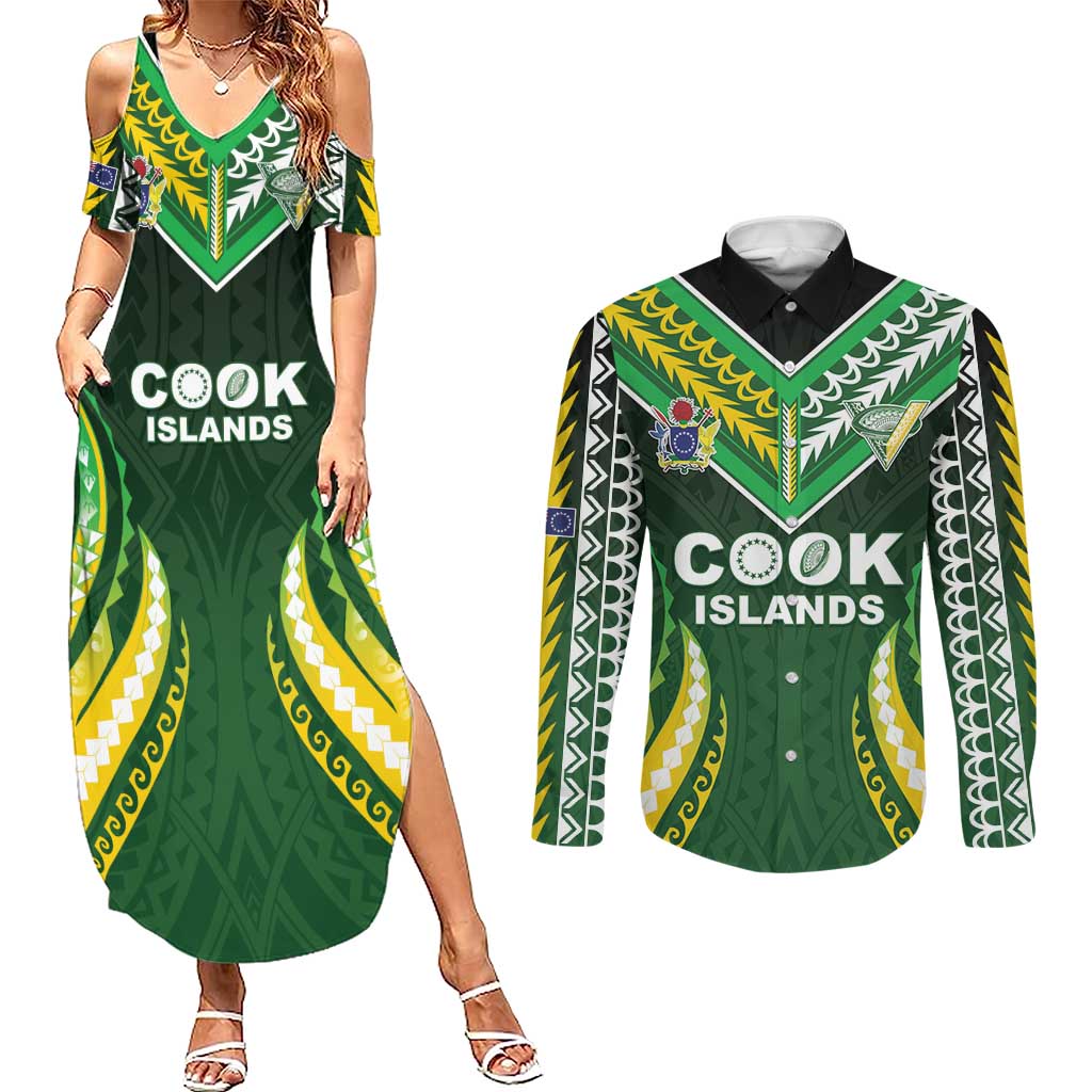 Custom Cook Islands Rugby Couples Matching Summer Maxi Dress and Long Sleeve Button Shirt Unique Style Green Version - Polynesian Pride