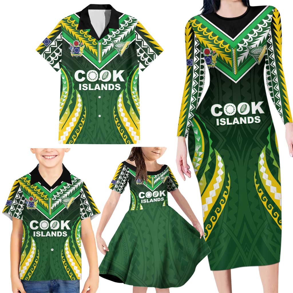 Custom Cook Islands Rugby Family Matching Long Sleeve Bodycon Dress and Hawaiian Shirt Unique Style Green Version LT05 - Polynesian Pride