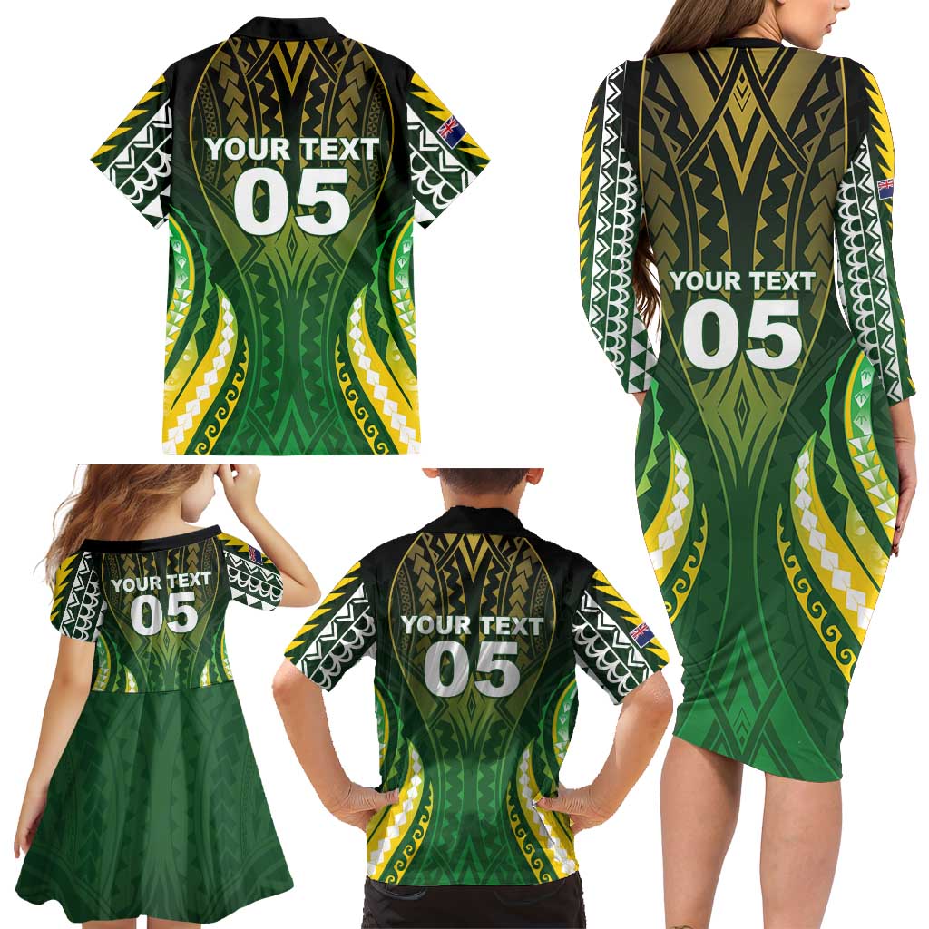 Custom Cook Islands Rugby Family Matching Long Sleeve Bodycon Dress and Hawaiian Shirt Unique Style Green Version LT05 - Polynesian Pride